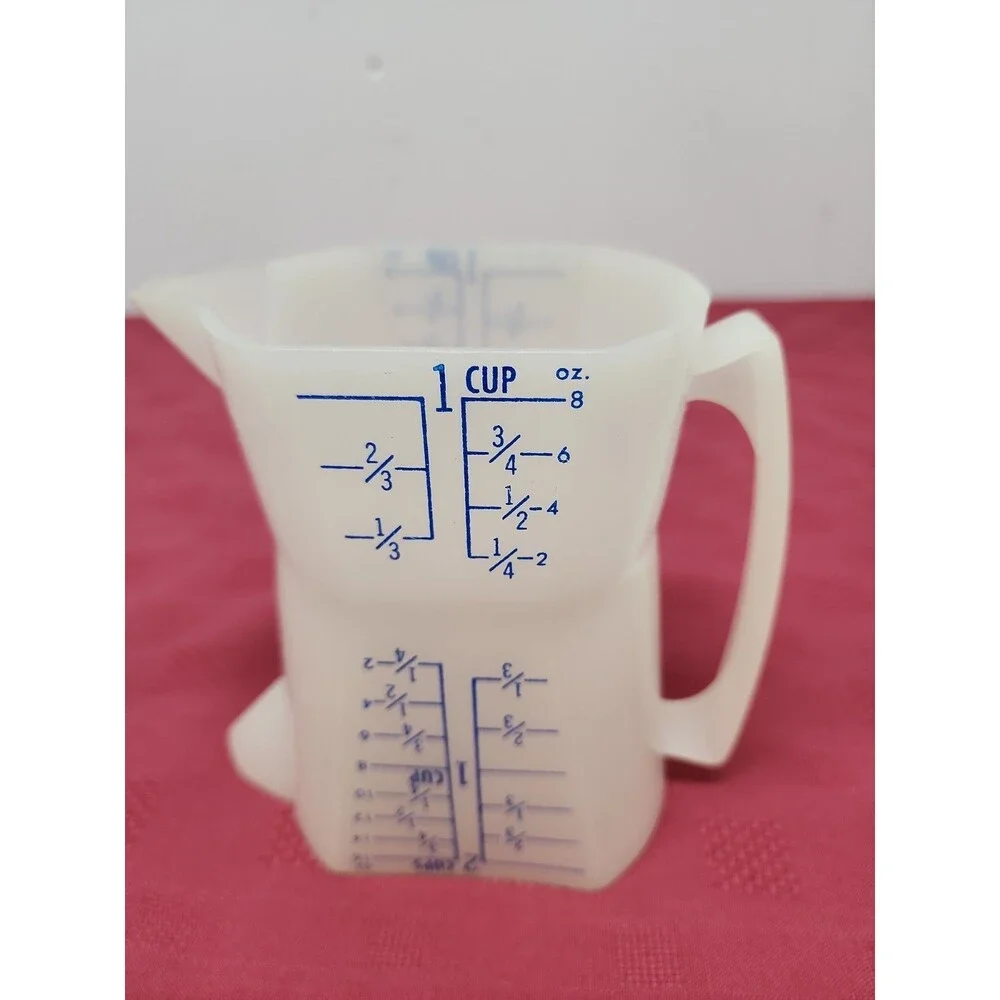 Vintage 1970's Westland Plastics Double Sided Measuring Cup Blue Graphics USA